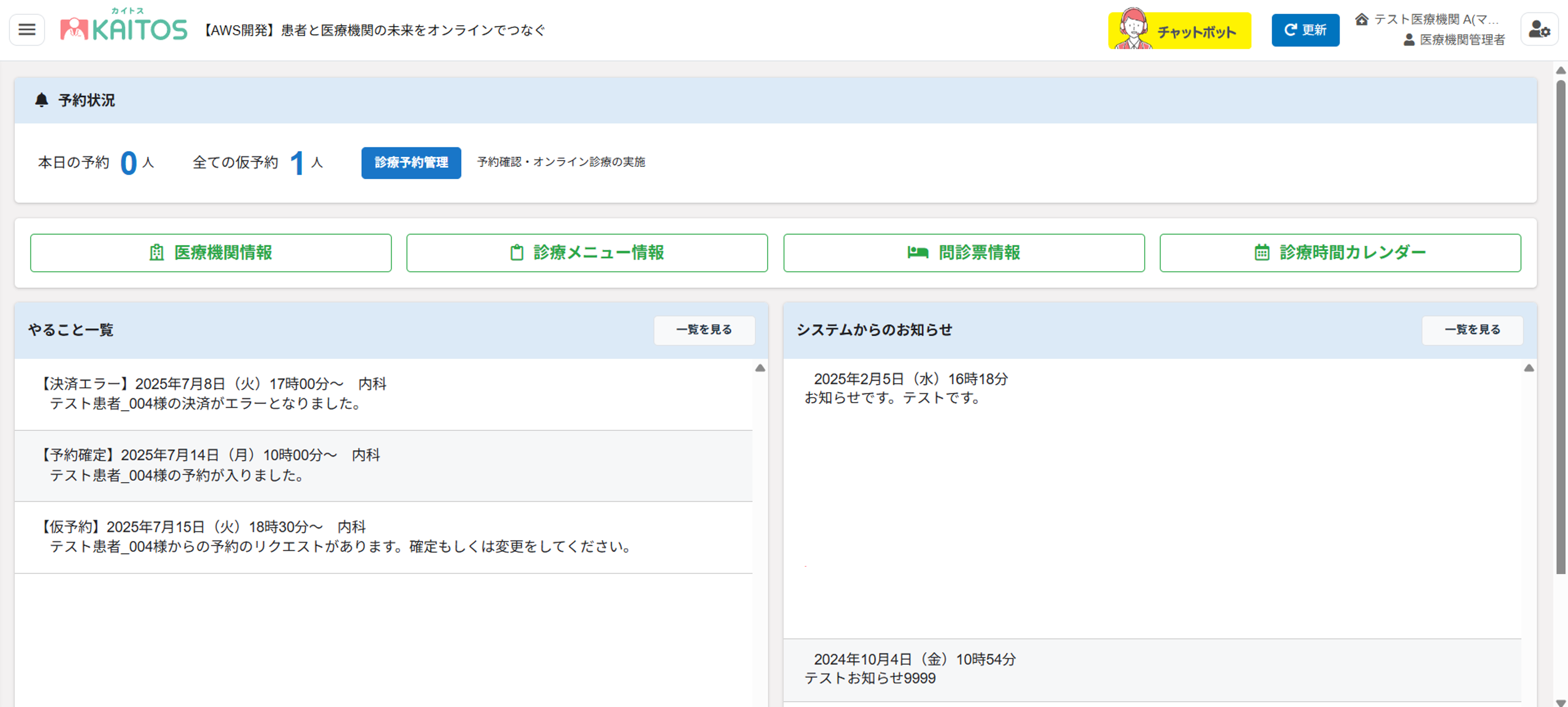 医療機関側：トップ画面